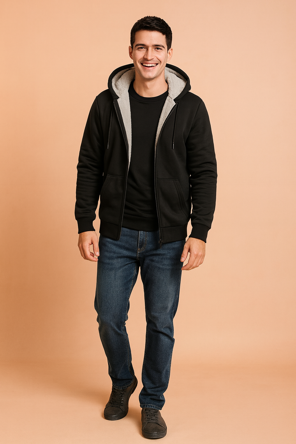 "Men’s black fleece-lined winter jacket with full zip closure, ribbed cuffs, and plush inner lining for warmth and comfort."