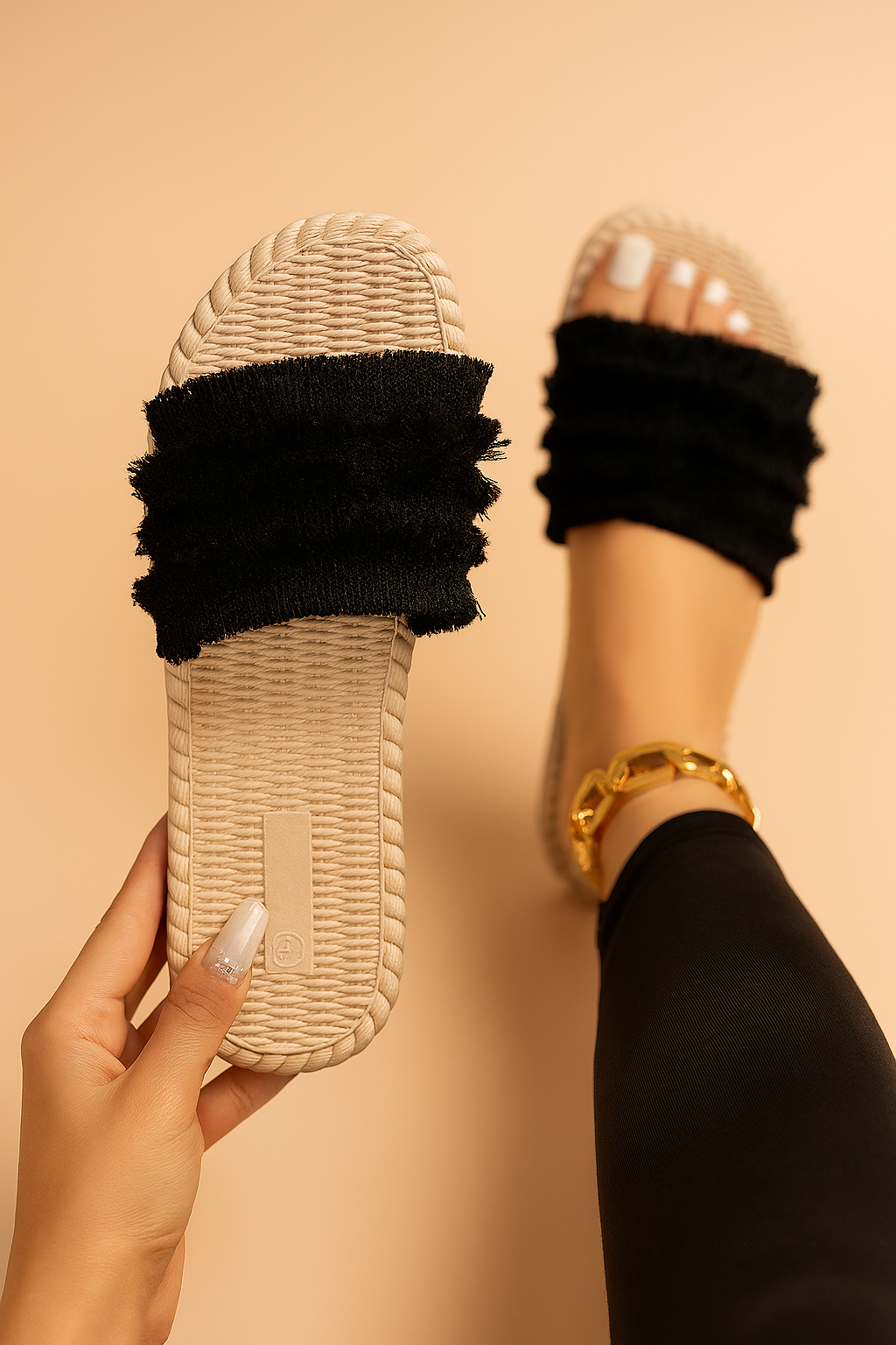 Beige woven slide sandals with triple-layered black fringed fabric straps and flat soles