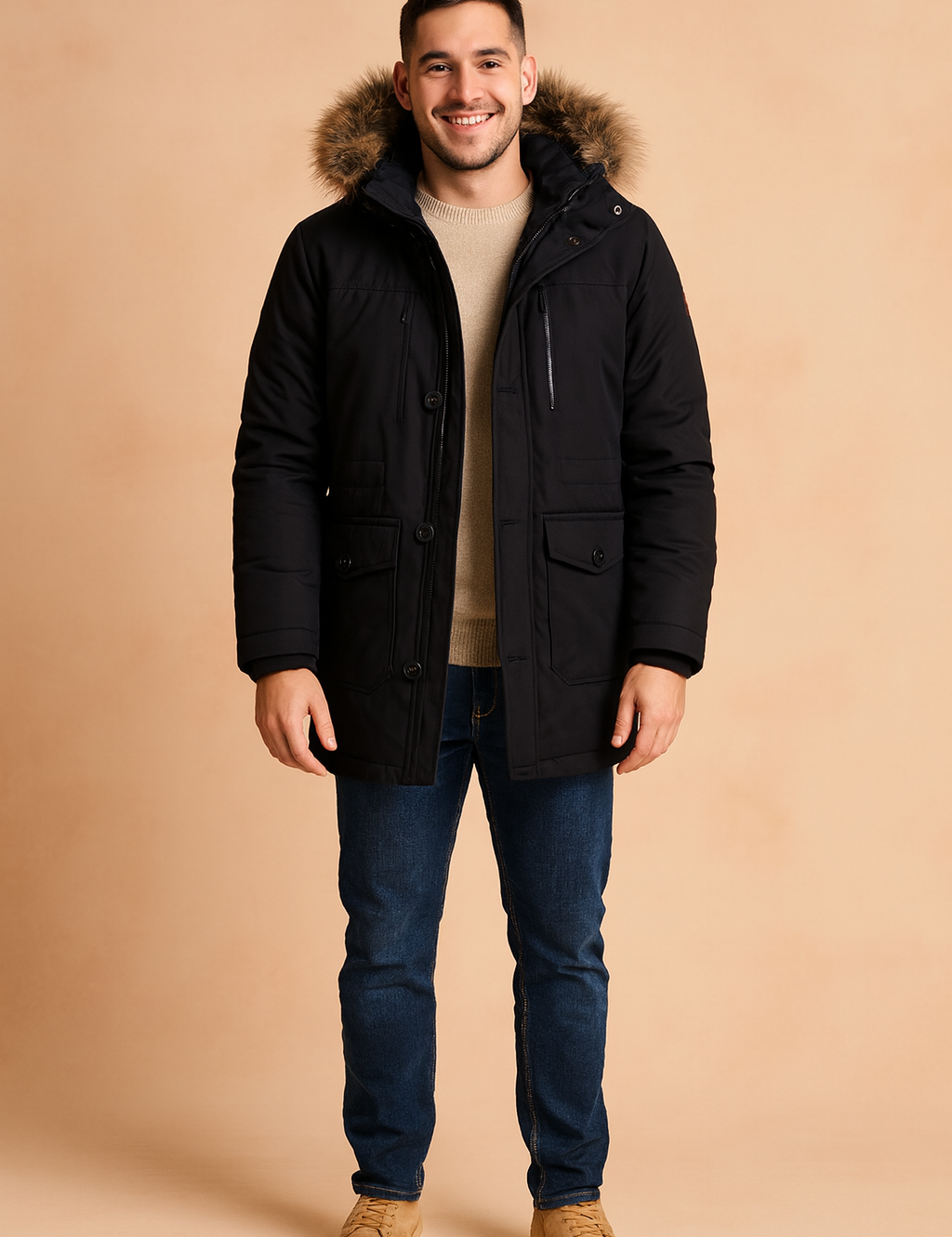 Black winter parka jacket with fur-lined hood, button and zipper closure, and multiple front pockets, styled with a beige sweater, jeans, and suede boots.
