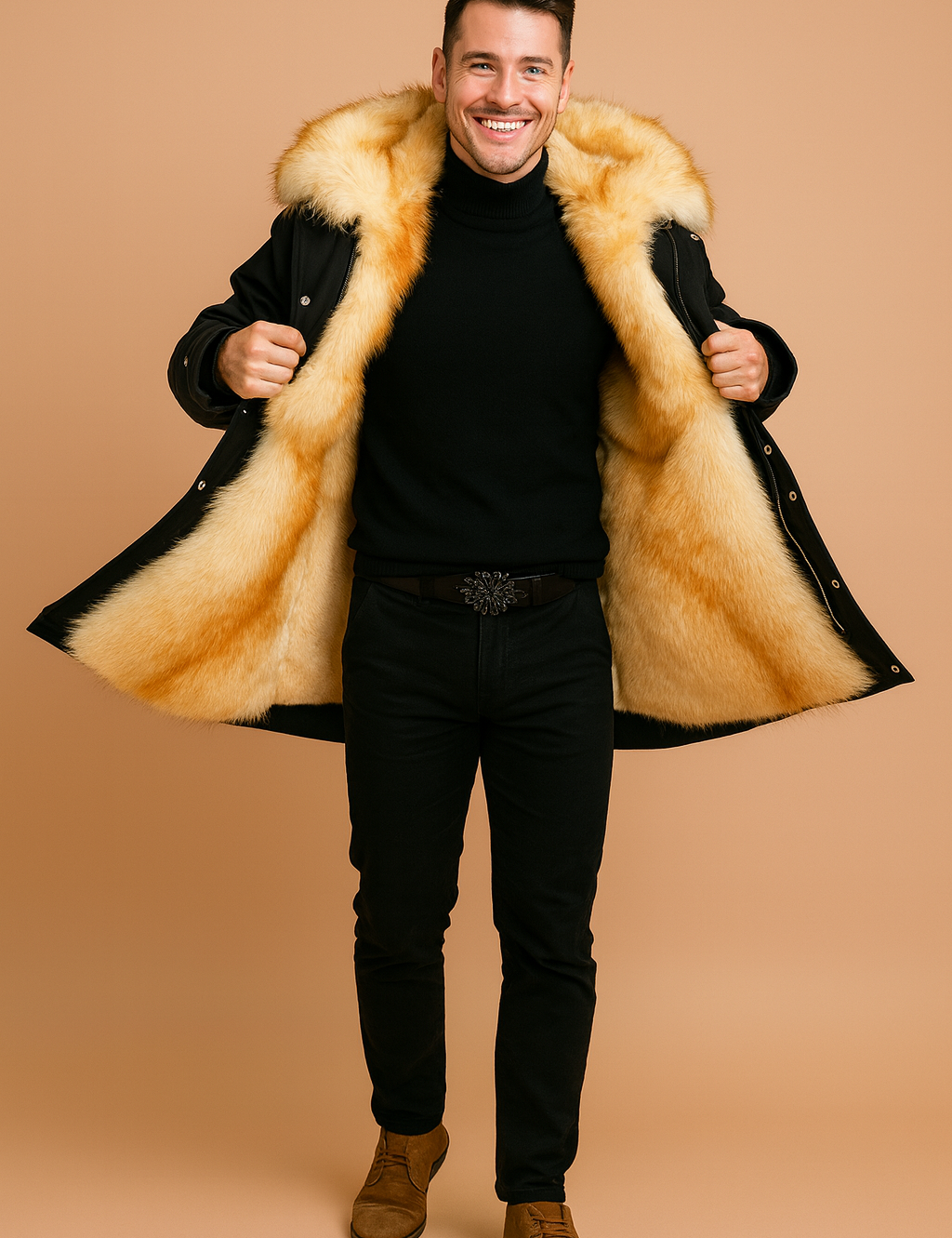 Black winter coat with luxurious golden-beige fur lining and collar, styled with a black turtleneck, slim-fit trousers, and brown suede boots for a bold winter look.