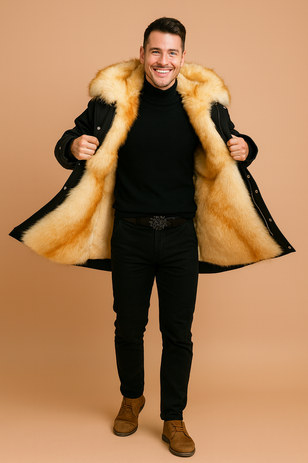 Black winter coat with luxurious golden-beige fur lining and collar, styled with a black turtleneck, slim-fit trousers, and brown suede boots for a bold winter look.