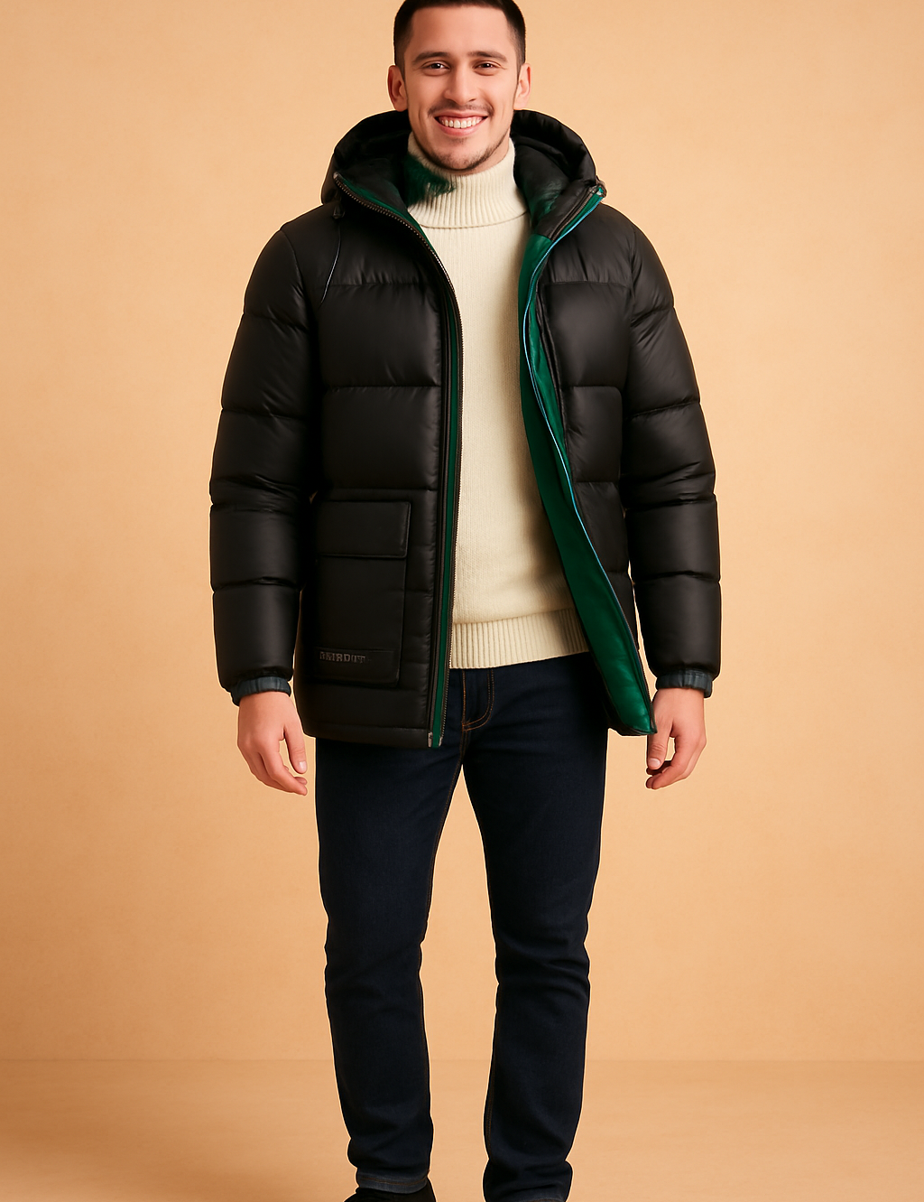 Men's black puffer jacket with green inner lining, front zipper closure, and insulated design for warmth.