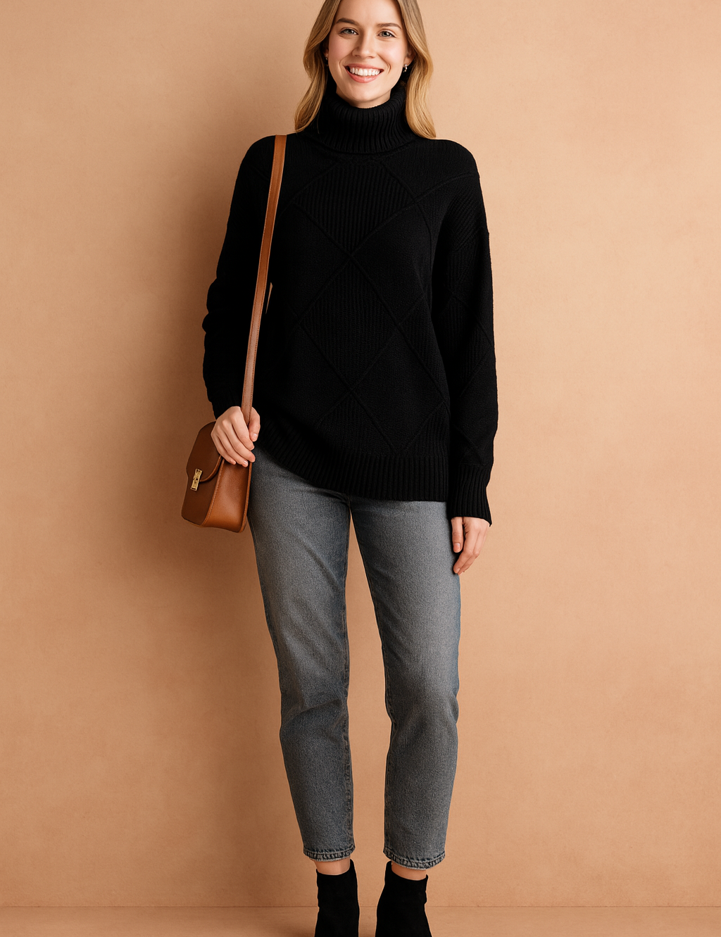 Black diamond-pattern knit turtleneck sweater with ribbed cuffs and hem, styled for a modern chic look.