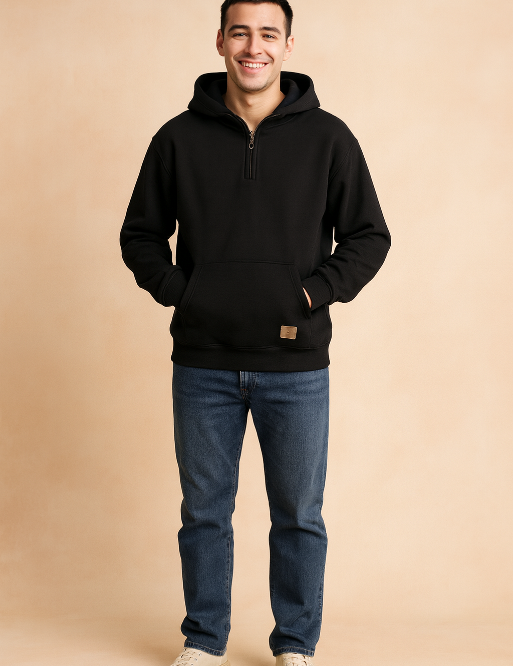 Men’s casual black half-zip hoodie with front pocket and relaxed fit, styled with classic ribbed cuffs and hem for a modern streetwear look.
