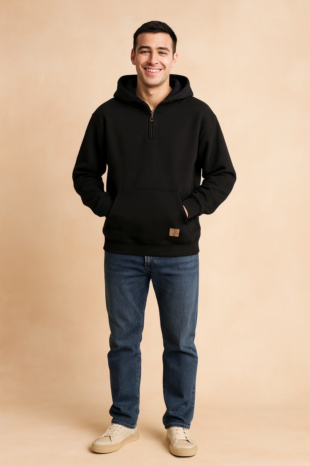 Men’s casual black half-zip hoodie with front pocket and relaxed fit, styled with classic ribbed cuffs and hem for a modern streetwear look.