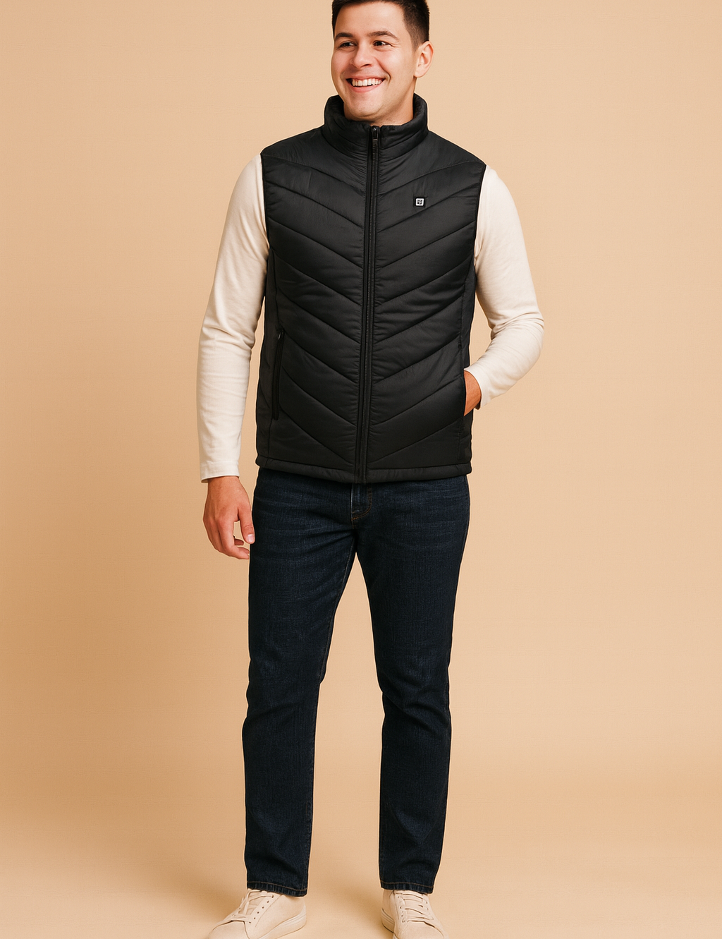 Men's black heated vest with zip closure and subtle chevron quilted design, designed for warmth and outdoor wear