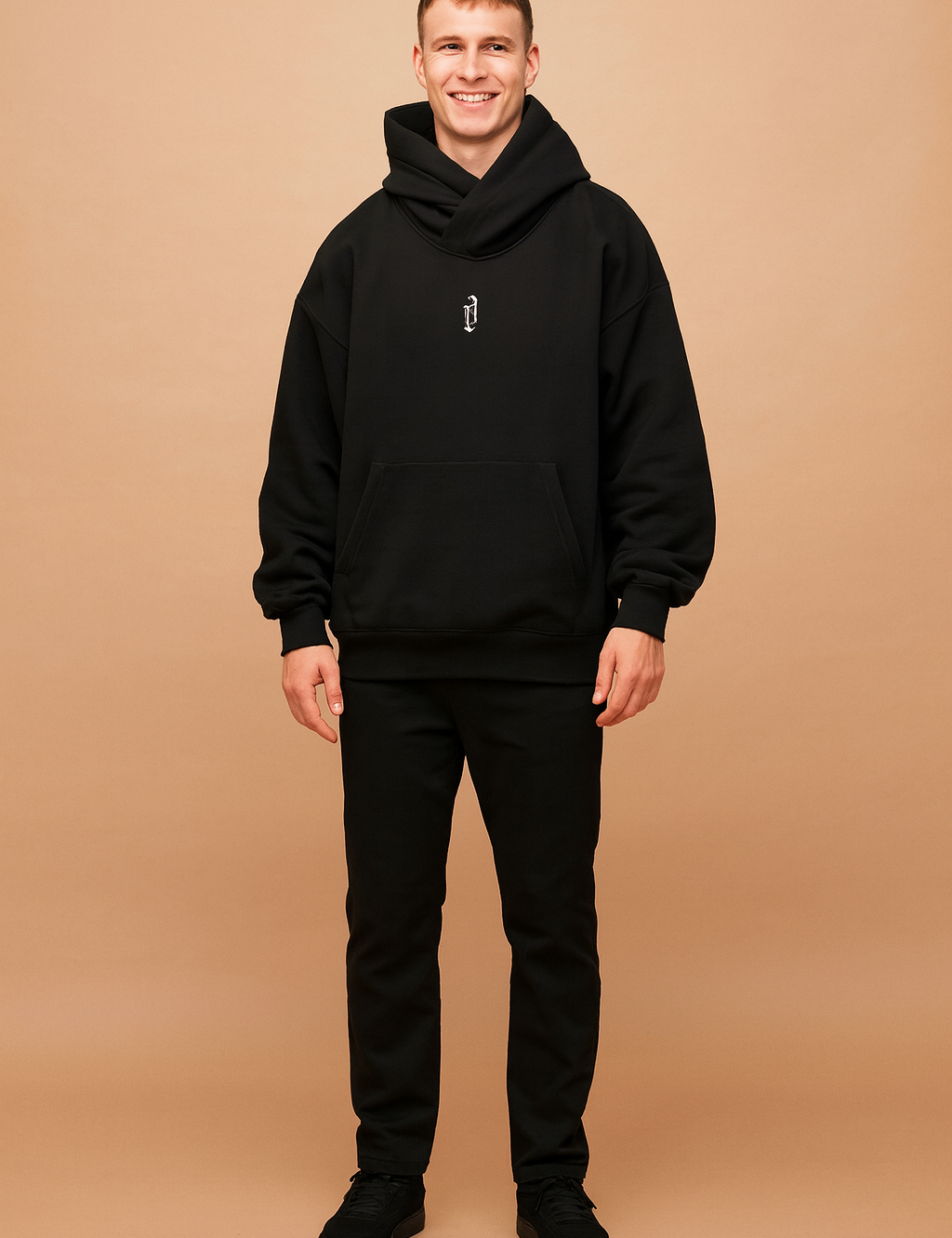 Men’s oversized black hoodie with unique high-neck wrap design, front kangaroo pocket, and embroidered gothic-style letter detail for a bold urban streetwear look.