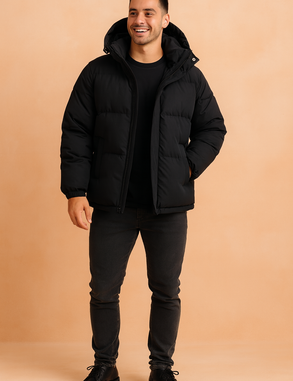 Black puffer winter jacket with detachable hood, front zipper closure, and horizontal quilted padding for enhanced insulation and urban streetwear appeal.