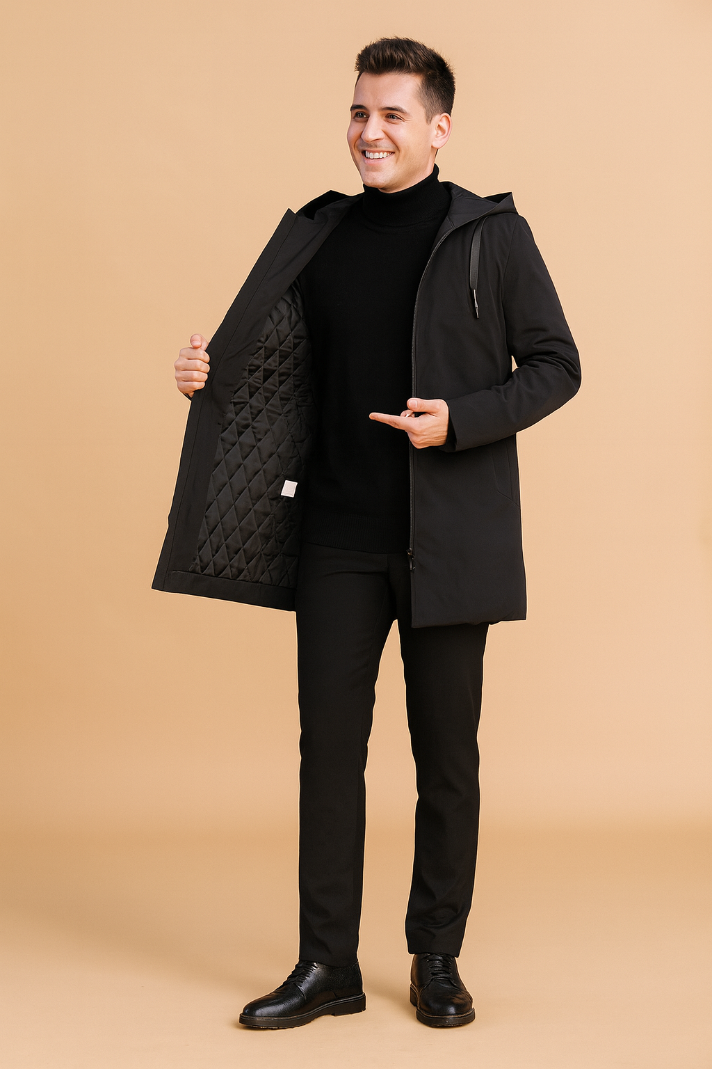 Black hooded long winter coat with quilted inner lining, full front zipper, and sleek modern cut for versatile cold-weather style.