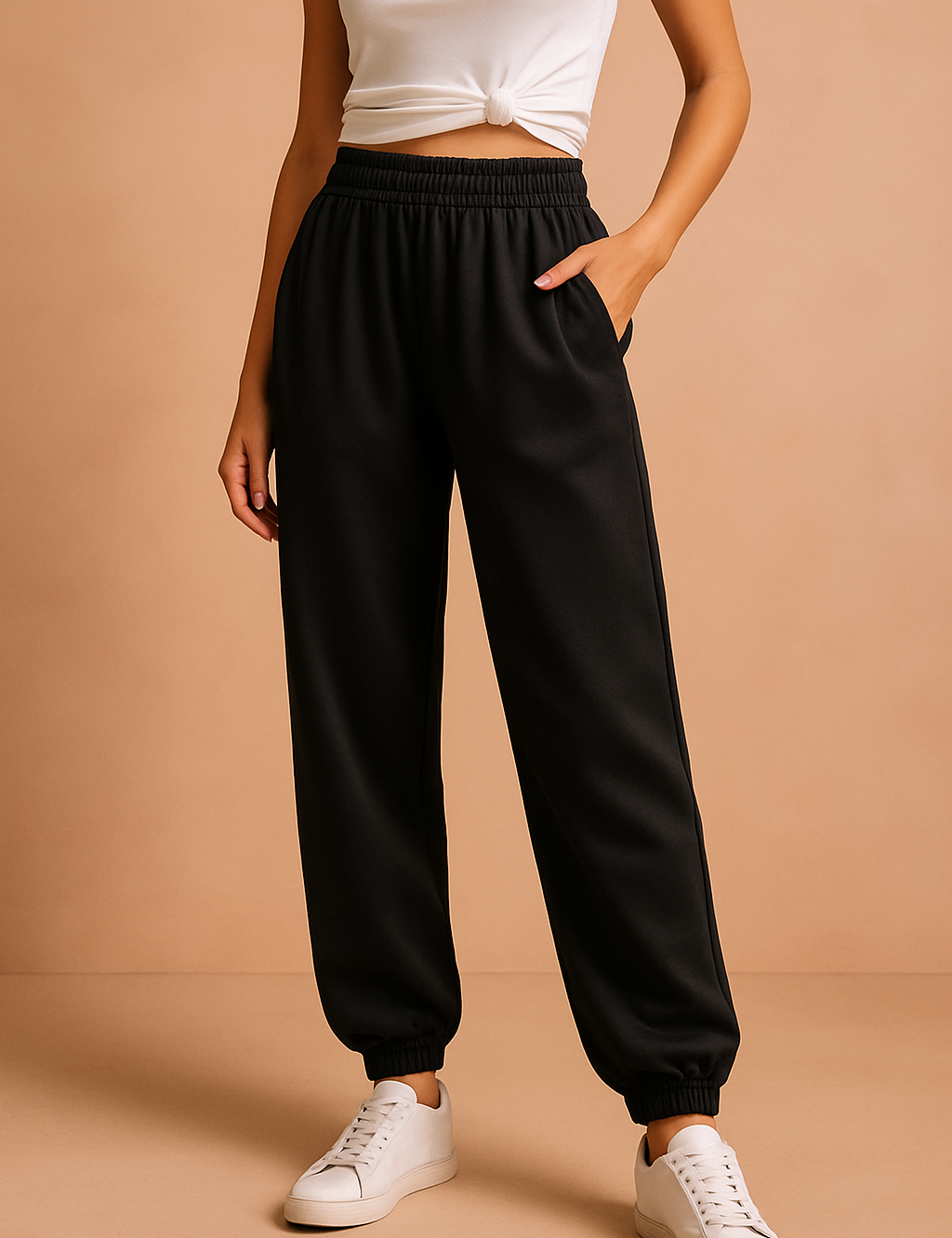 Black high-waisted jogger sweatpants with an elastic waistband and ankle cuffs, styled with white sneakers for a casual streetwear look.