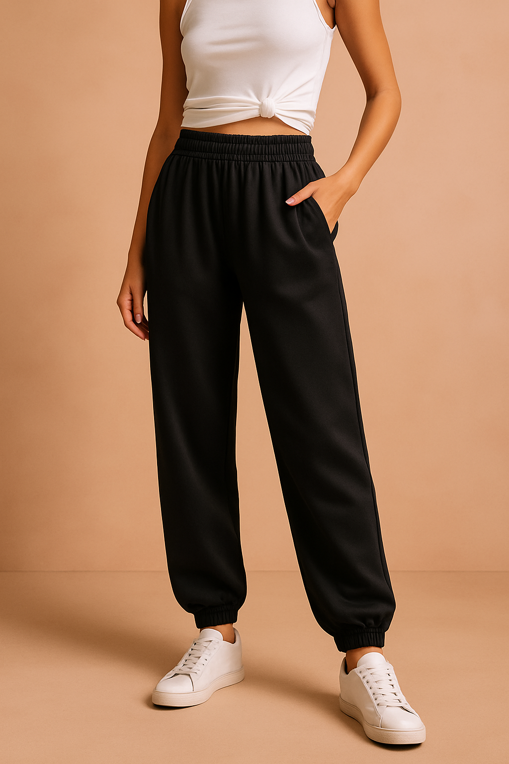 Black high-waisted jogger sweatpants with an elastic waistband and ankle cuffs, styled with white sneakers for a casual streetwear look.