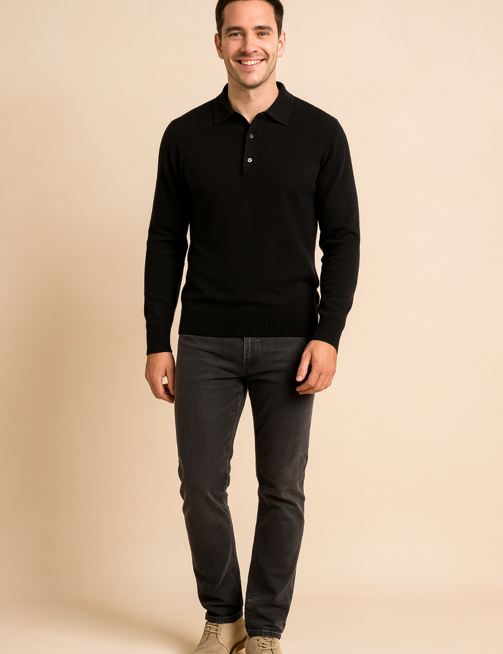 Men’s premium black knit polo sweater with long sleeves and three-button placket, featuring ribbed cuffs and hem for a tailored, classic look