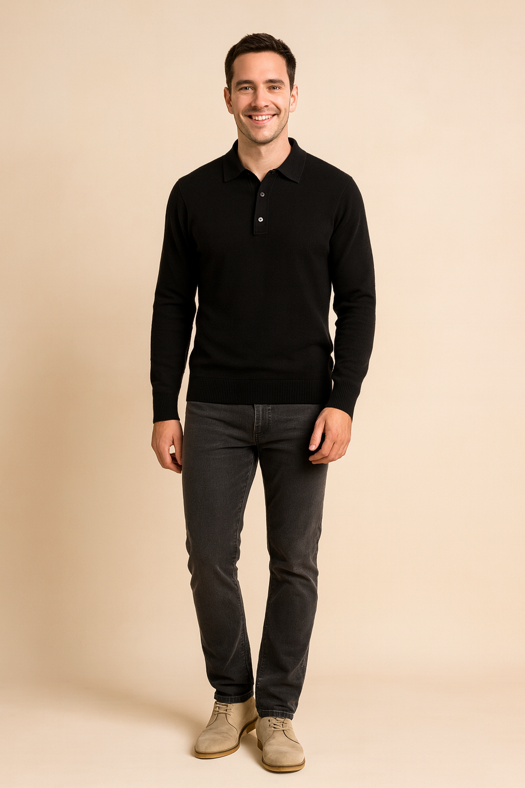 Men’s premium black knit polo sweater with long sleeves and three-button placket, featuring ribbed cuffs and hem for a tailored, classic look