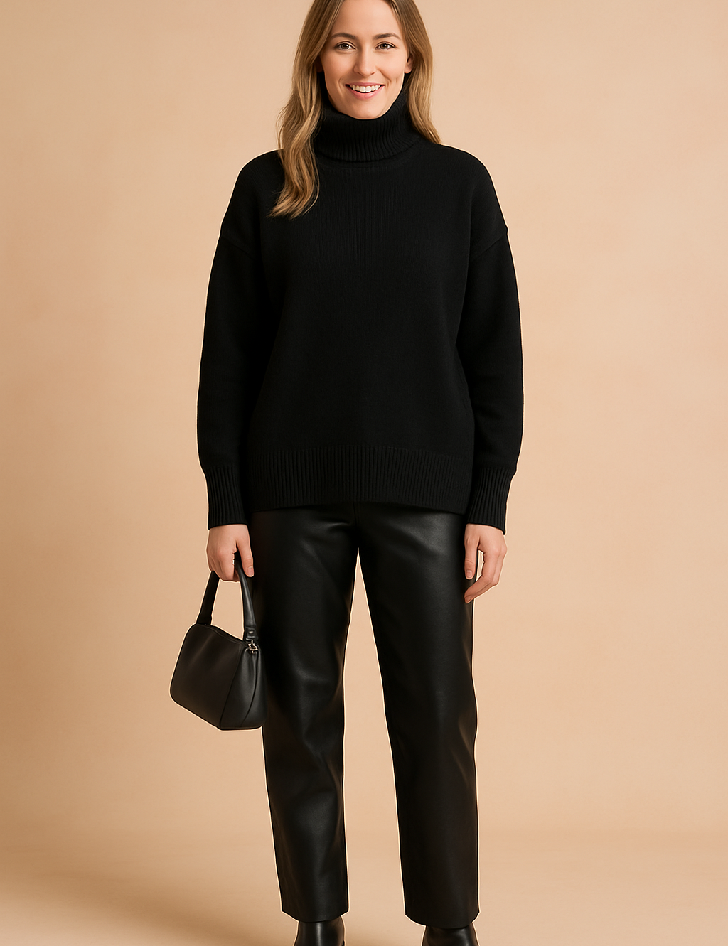 Oversized black knit turtleneck sweater with ribbed cuffs and hem, styled with straight black faux leather pants, ankle boots, and a sleek black handbag.