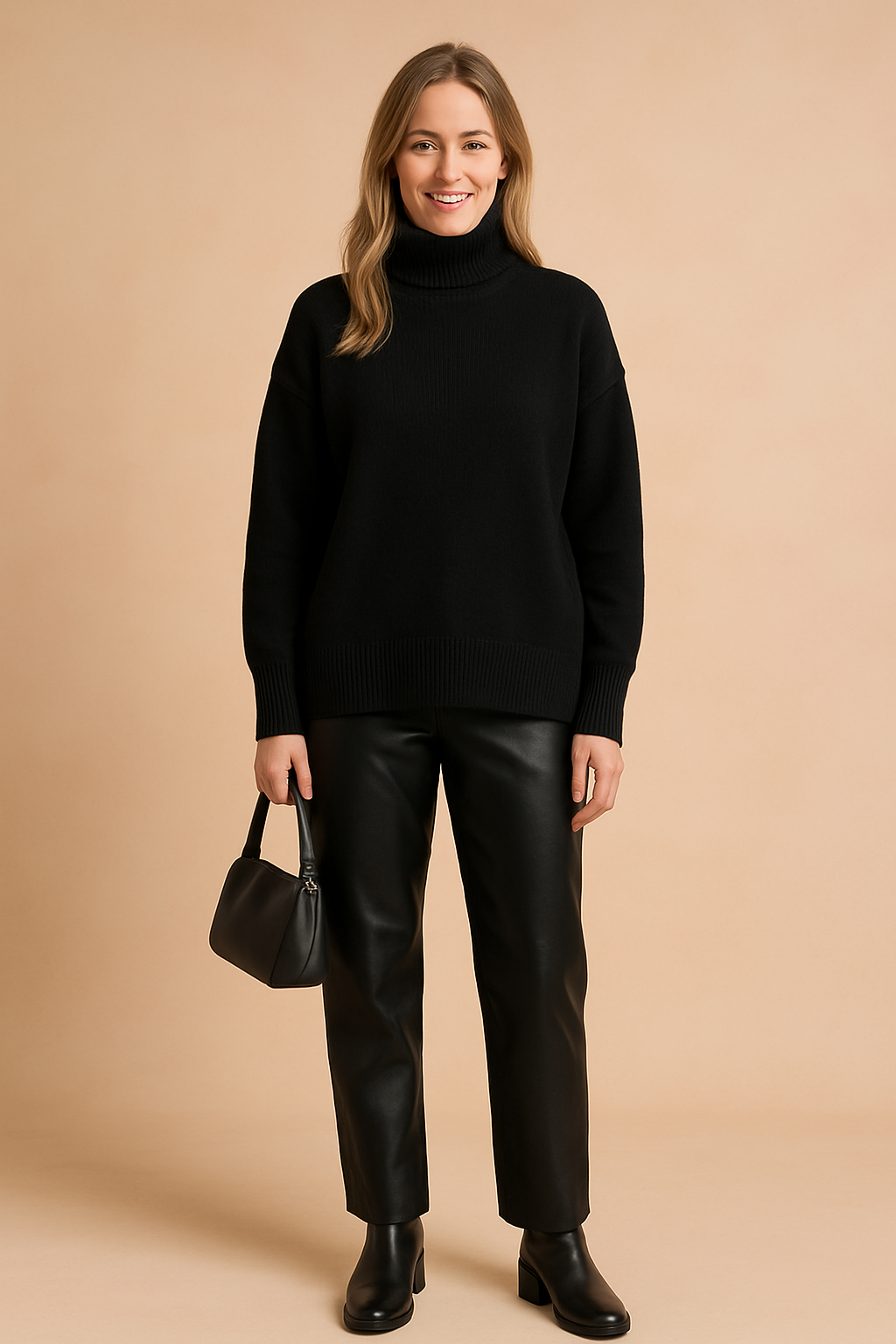 Oversized black knit turtleneck sweater with ribbed cuffs and hem, styled with straight black faux leather pants, ankle boots, and a sleek black handbag.