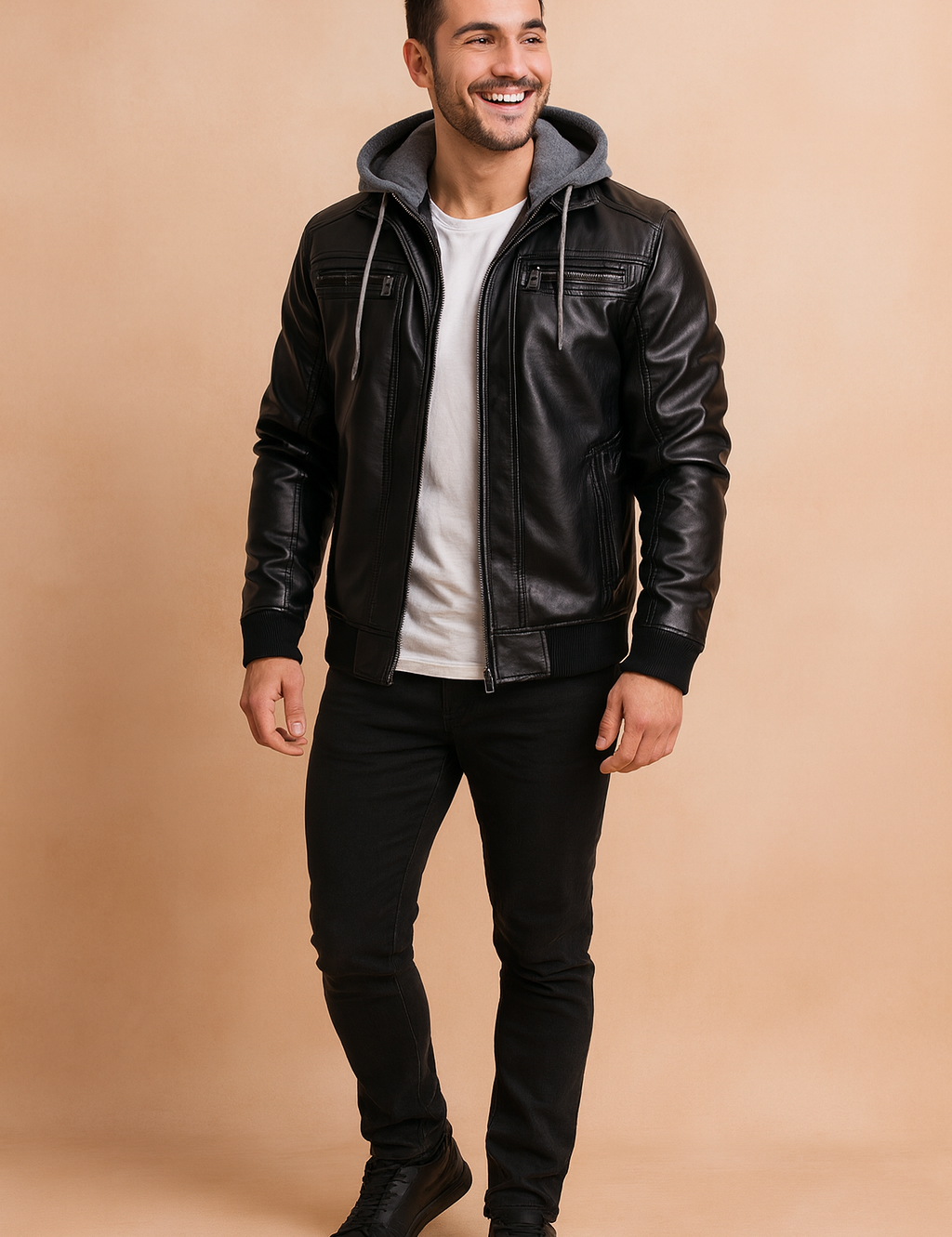 Men’s black faux leather biker jacket with ribbed cuffs, quilted chest detailing, zippered pockets, and detachable grey hood for a modern casual streetwear look.