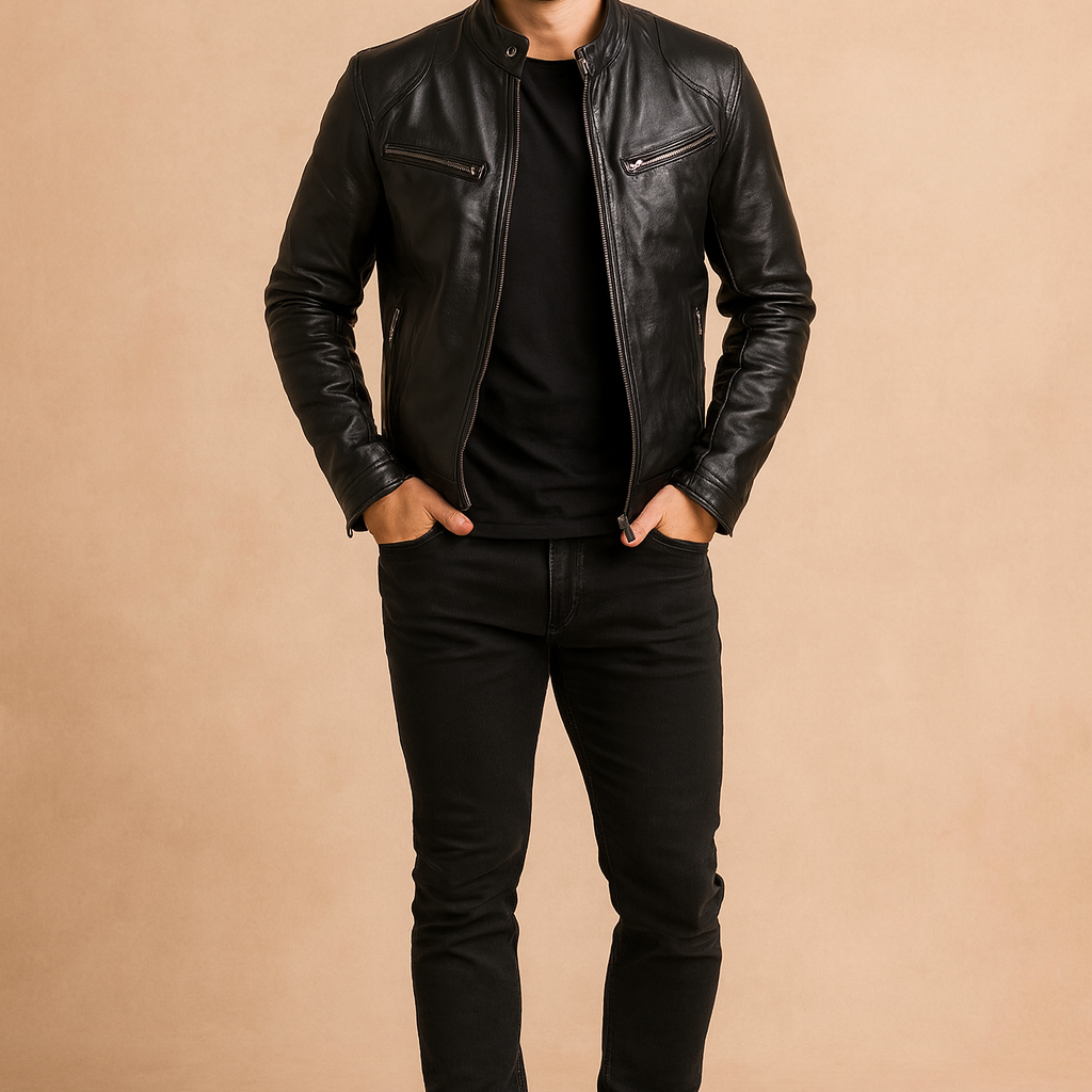 Men's black leather moto-style jacket with zippered chest and side pockets, band collar with snap button, and sleek fitted silhouette for a modern urban look.