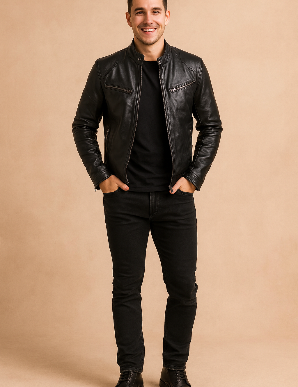 Men's black leather moto-style jacket with zippered chest and side pockets, band collar with snap button, and sleek fitted silhouette for a modern urban look.