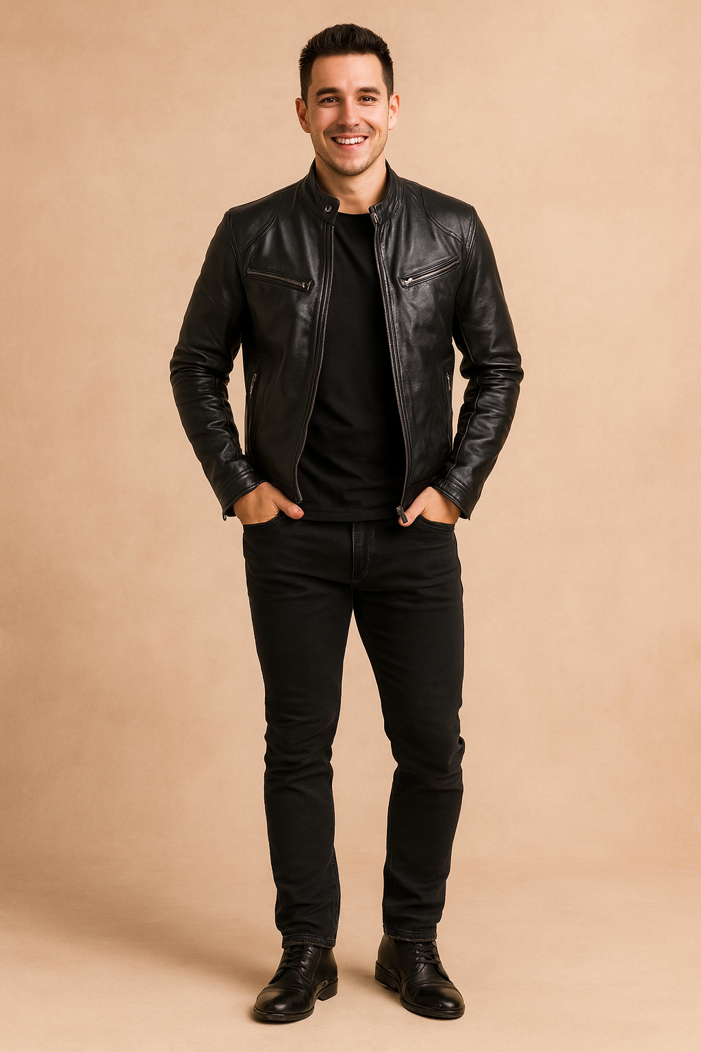 Men's black leather moto-style jacket with zippered chest and side pockets, band collar with snap button, and sleek fitted silhouette for a modern urban look.