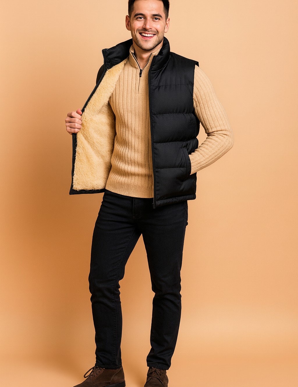 Black padded sleeveless winter vest with beige fleece lining, designed for warmth and comfort, styled with front zipper closure and side pockets.