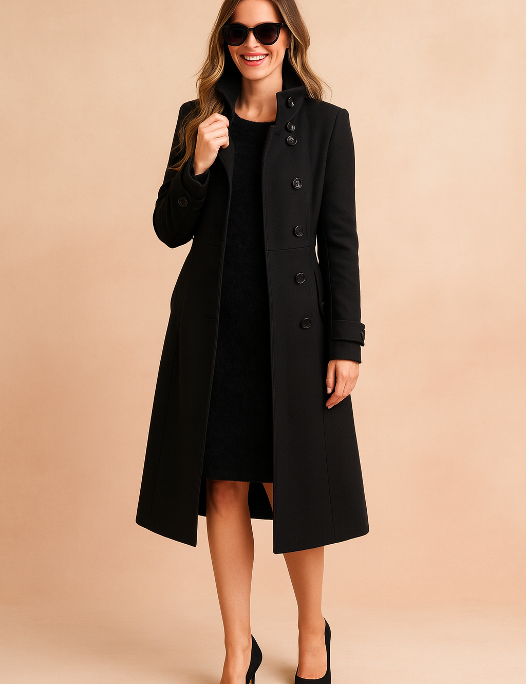 Black long trench coat with high collar, button-down front, sleeve strap detailing, and flap pockets, styled over a black dress with black high heels and sunglasses.