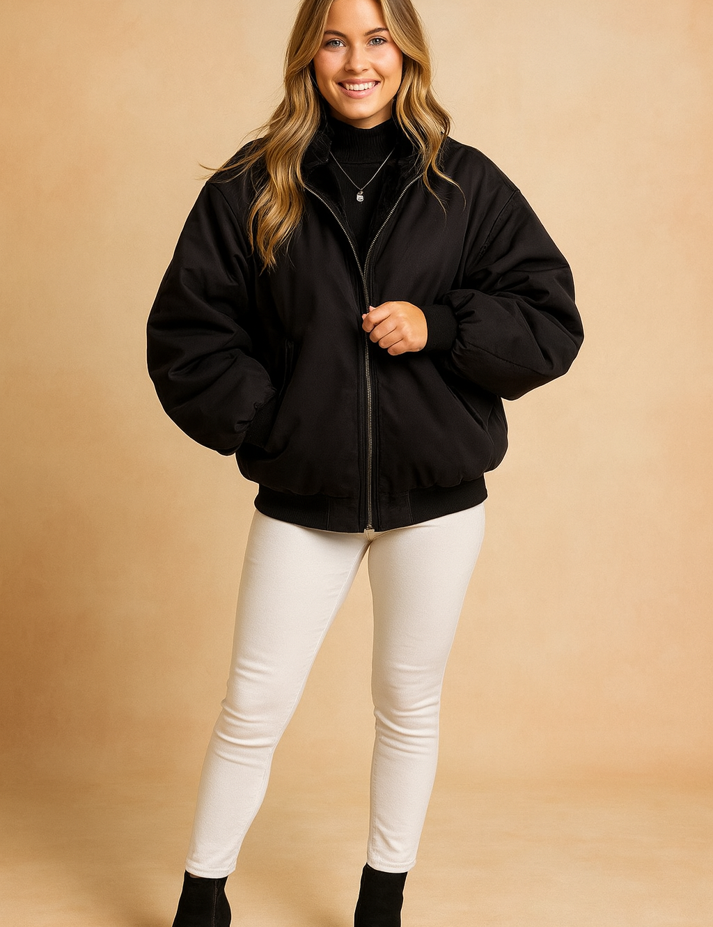 Black oversized bomber jacket with zipper front and structured fit, styled over a black turtleneck and paired with light pants and black ankle boots.