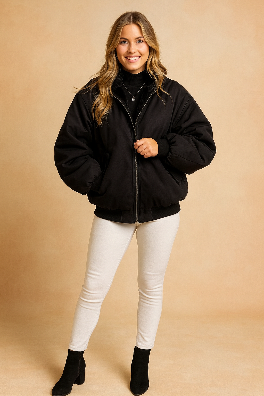 Black oversized bomber jacket with zipper front and structured fit, styled over a black turtleneck and paired with light pants and black ankle boots.