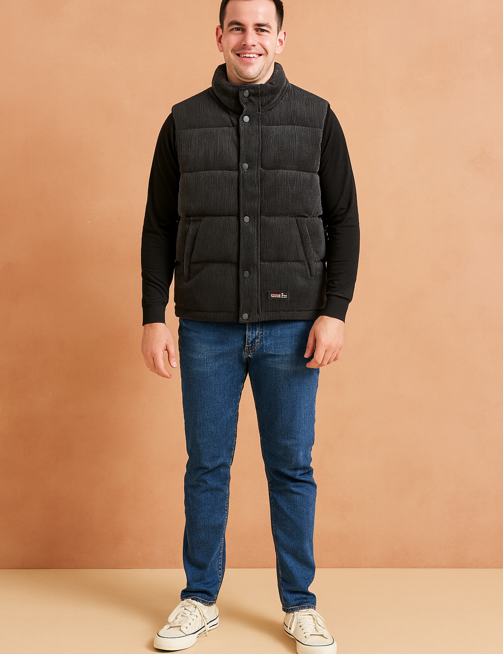 Men’s stylish black padded winter vest with front snap buttons, quilted design, and practical side pockets, perfect for layering in cold weather.