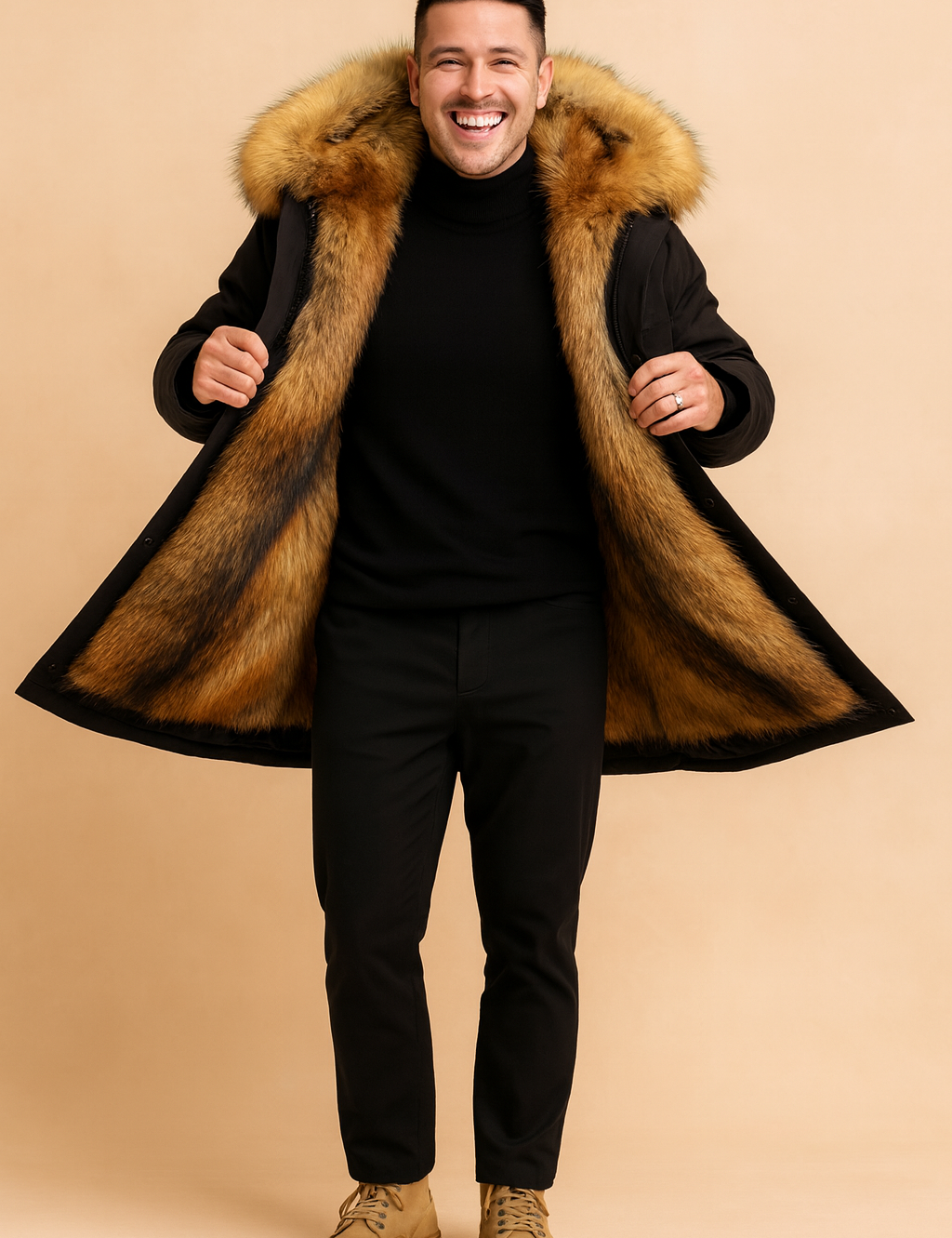 Black parka with luxurious fur-lined hood and sleek tailored fit, styled with a black turtleneck and trousers for a modern winter look.