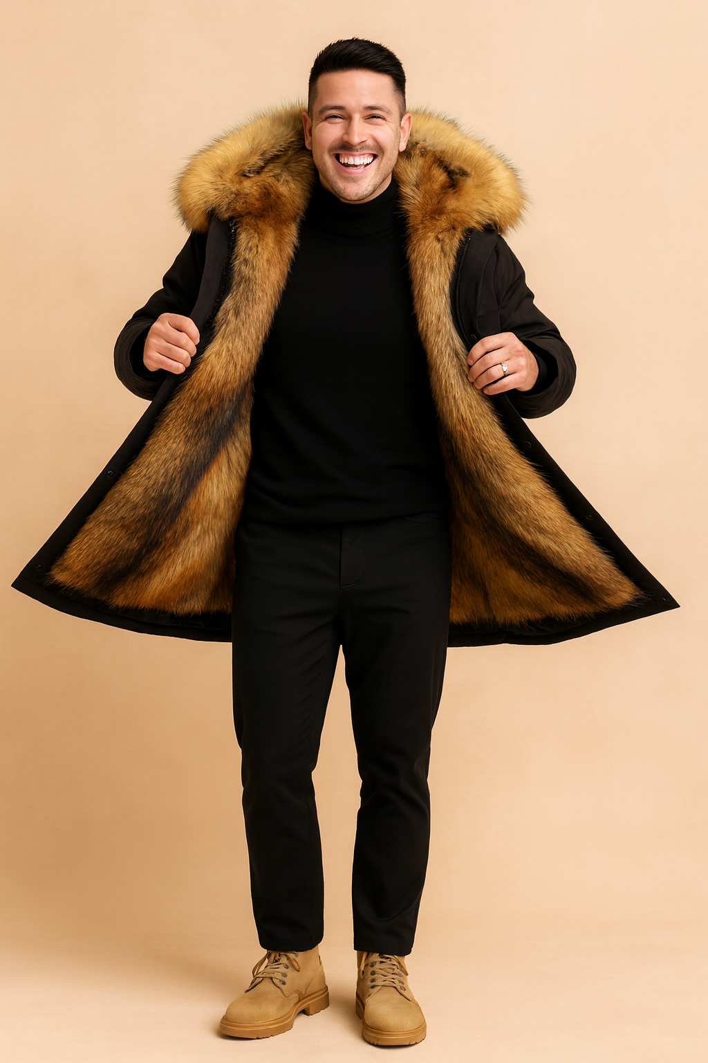 Black parka with luxurious fur-lined hood and sleek tailored fit, styled with a black turtleneck and trousers for a modern winter look.