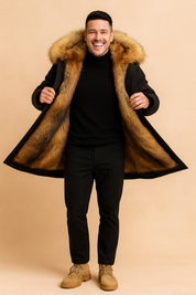 Black parka with luxurious fur-lined hood and sleek tailored fit, styled with a black turtleneck and trousers for a modern winter look.