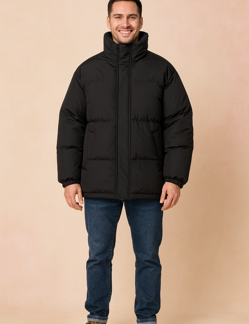Men’s black puffer jacket with high stand collar, front zipper closure, and side pockets, designed for winter warmth and everyday urban style.