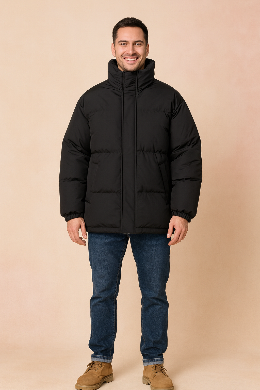 Men’s black puffer jacket with high stand collar, front zipper closure, and side pockets, designed for winter warmth and everyday urban style.