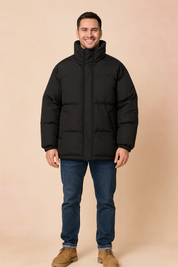 Men’s black puffer jacket with high stand collar, front zipper closure, and side pockets, designed for winter warmth and everyday urban style.