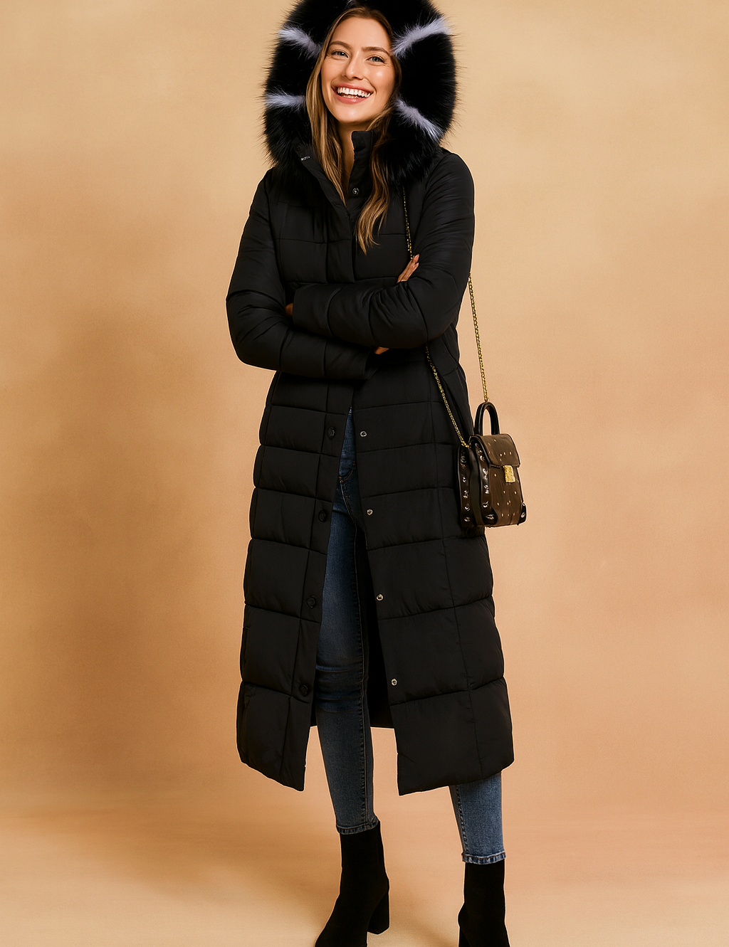 Long black quilted puffer coat with fur-trimmed hood, button-down front, paired with fitted blue jeans and black ankle boots, styled with a small crossbody handbag.