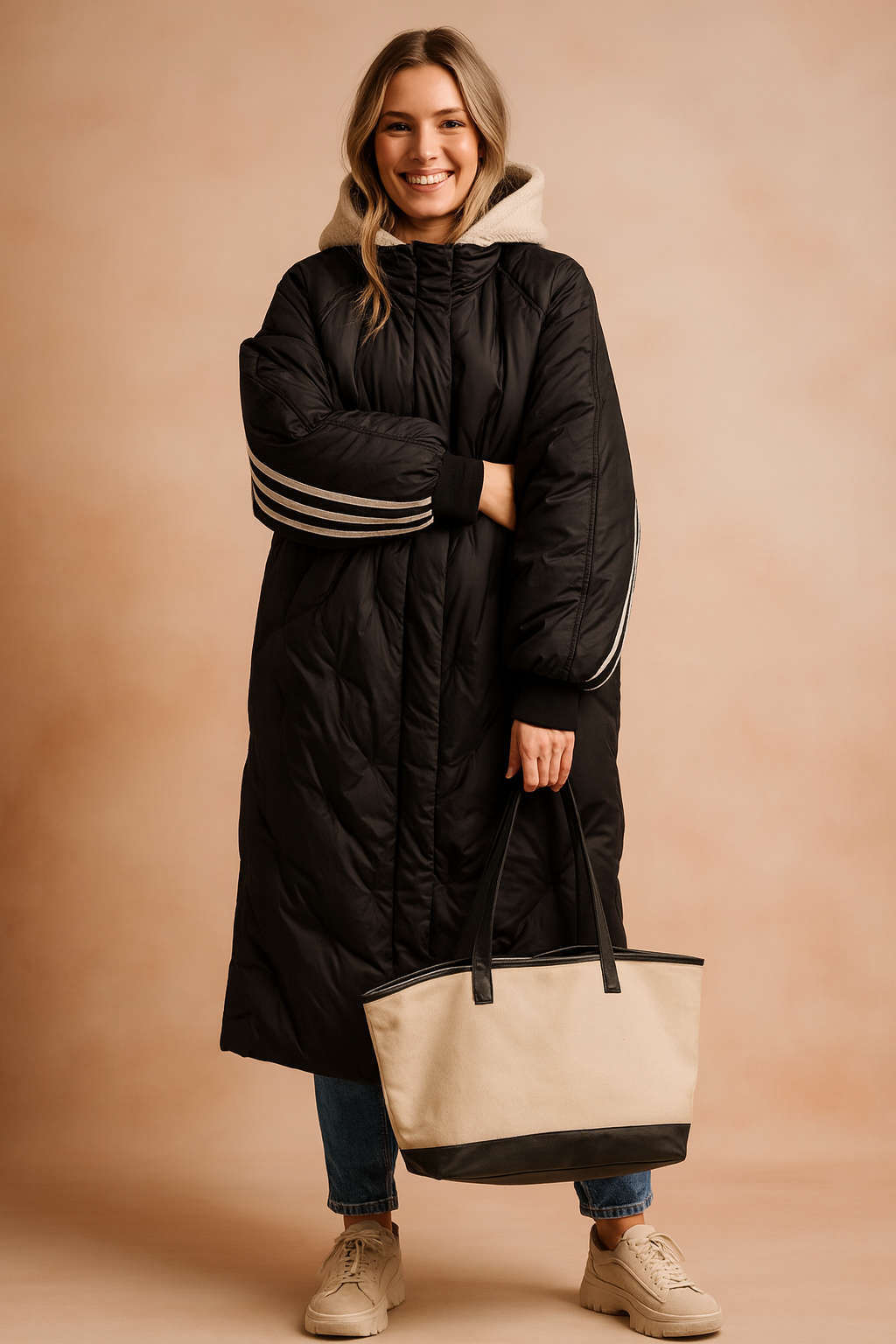 Long black quilted puffer coat with striped sleeve details and faux fur-lined hood, styled with jeans, sneakers, and a beige tote bag for a cozy winter look.