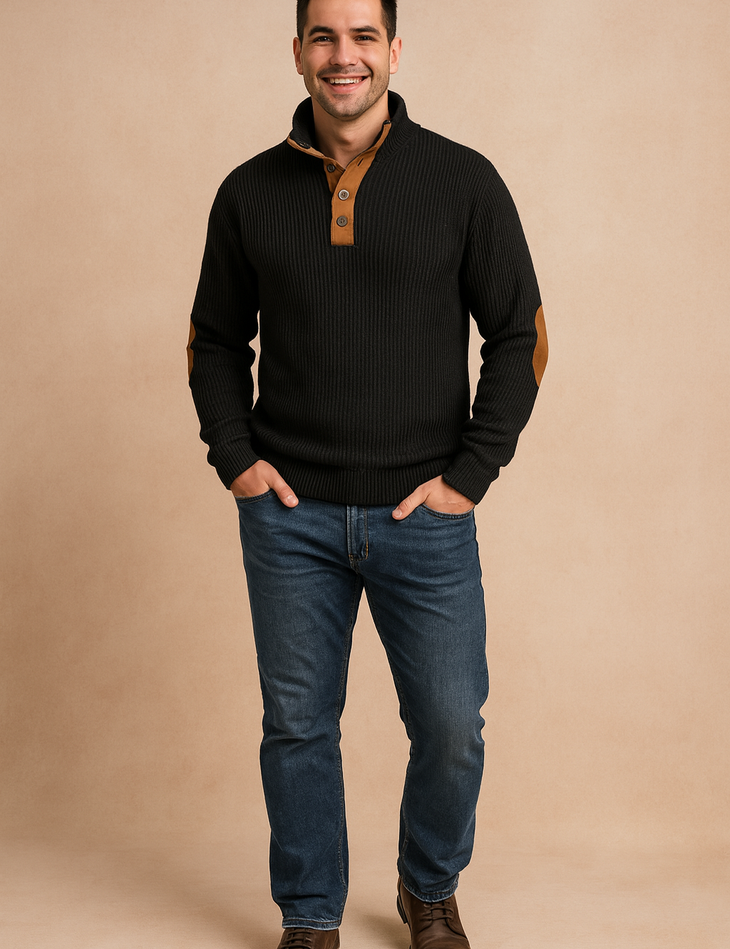 Ribbed black pullover sweater featuring tan button placket and elbow patch accents, tailored in a slim fit with long sleeves and reinforced cuffs for a refined casual look.