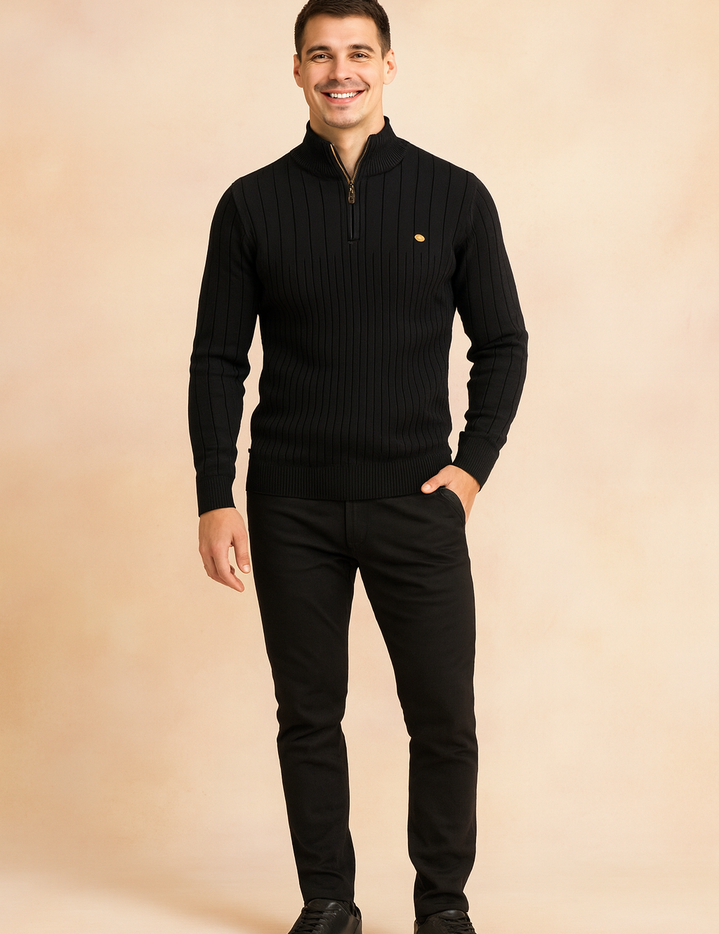 Men’s black ribbed half-zip sweater with subtle vertical knit pattern, paired with slim-fit black pants and matching sneakers for a modern casual look.