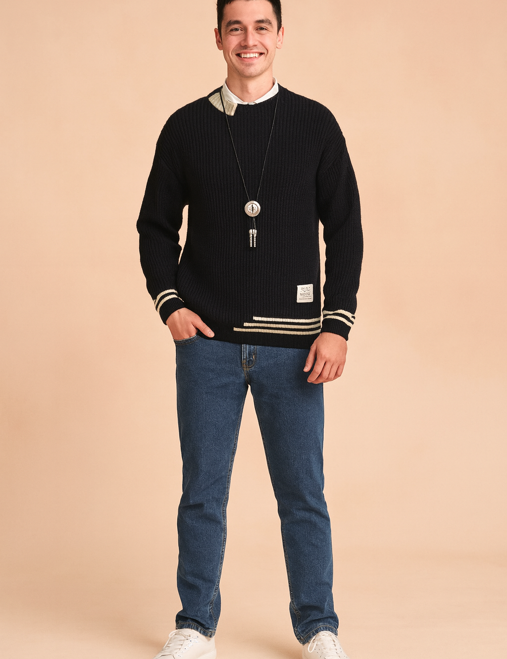 Black ribbed knit sweater with beige collar accent, striped cuff and hem details, and embroidered patch, styled with blue jeans and white sneakers.