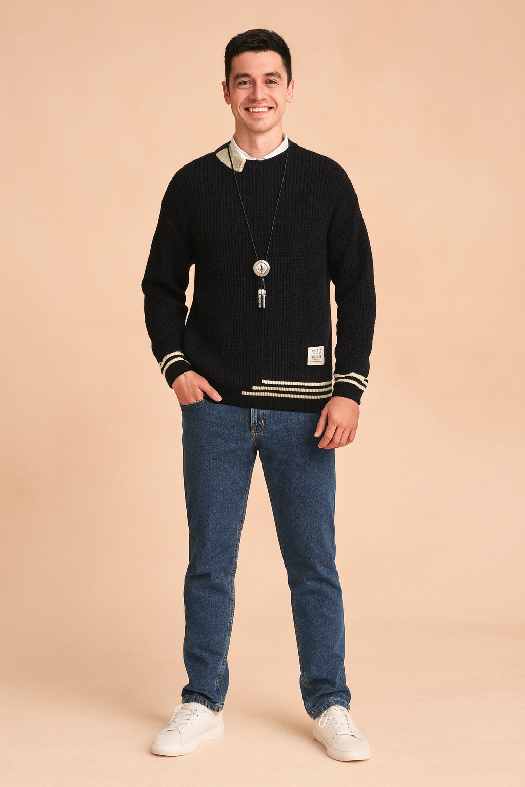 Black ribbed knit sweater with beige collar accent, striped cuff and hem details, and embroidered patch, styled with blue jeans and white sneakers.