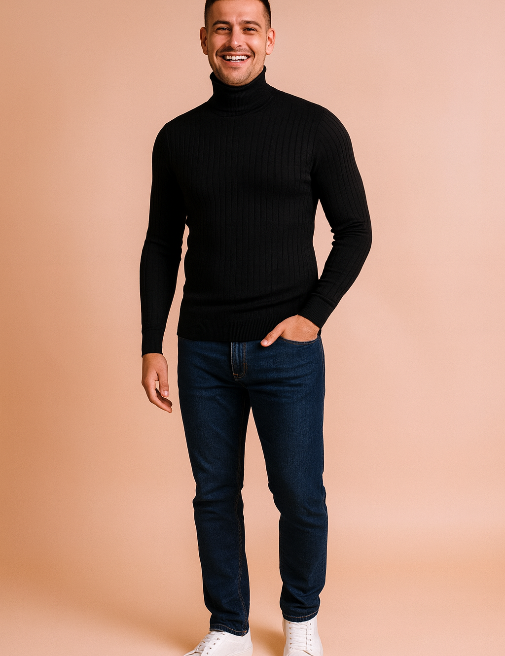Men’s black ribbed turtleneck sweater with slim fit design, styled with dark wash jeans and white sneakers.