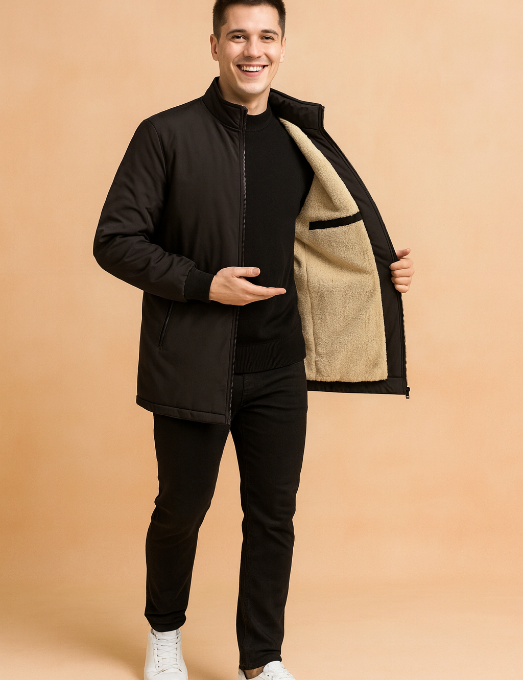Black bomber jacket with beige faux-shearling lining, zip-up front, ribbed cuffs and hem, styled with slim black pants for a modern winter look.