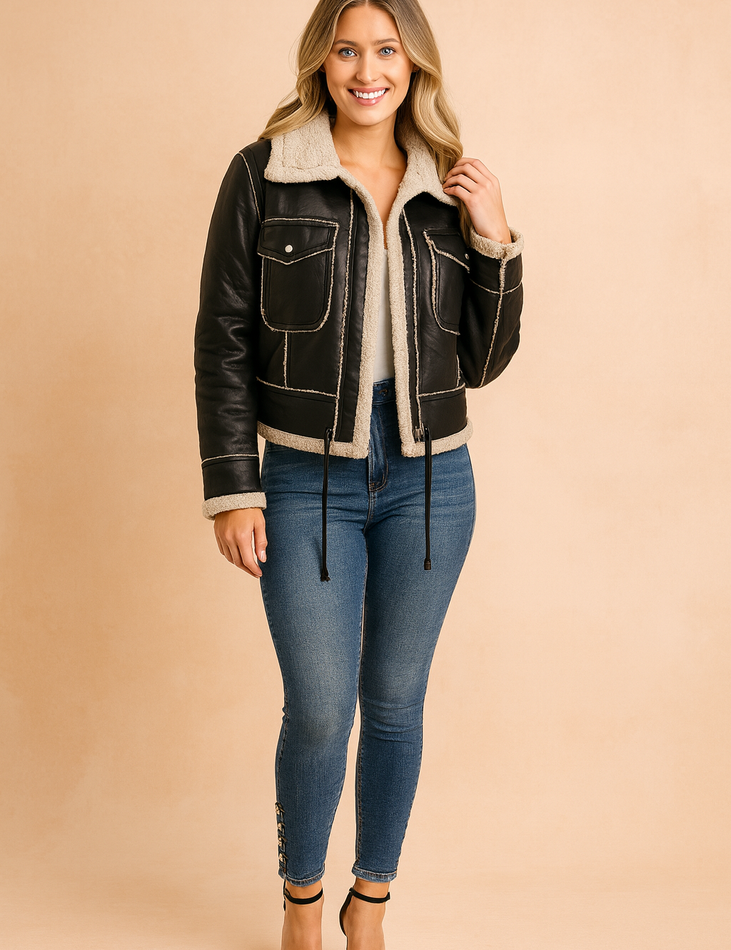 Black faux-leather shearling jacket with front pockets, beige lining, and stitched detailing, styled with slim-fit blue jeans and black heels.