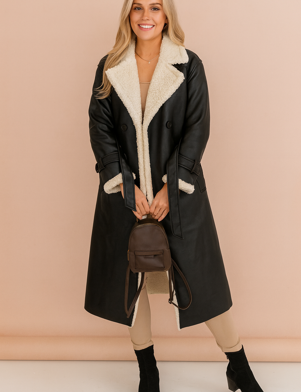 Black shearling-lined trench coat with wide lapels and double-breasted button closure, styled with beige pants, suede ankle boots, and a structured handbag.