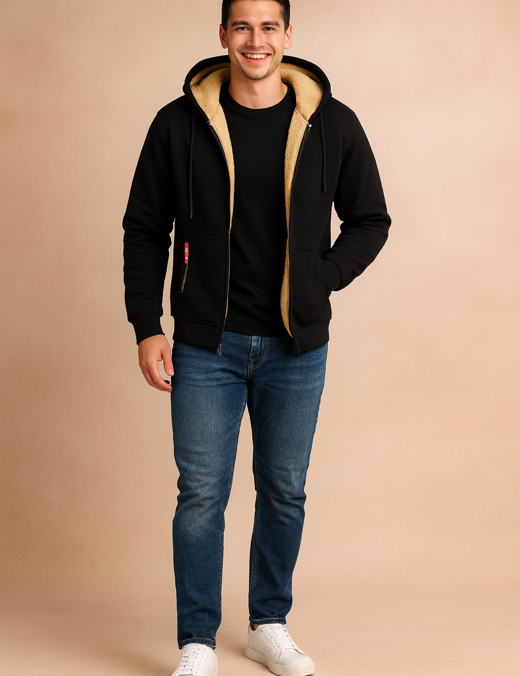 Black fleece-lined hooded jacket with beige sherpa interior, zip closure, front pockets with zip detailing, and ribbed cuffs for a snug fit.