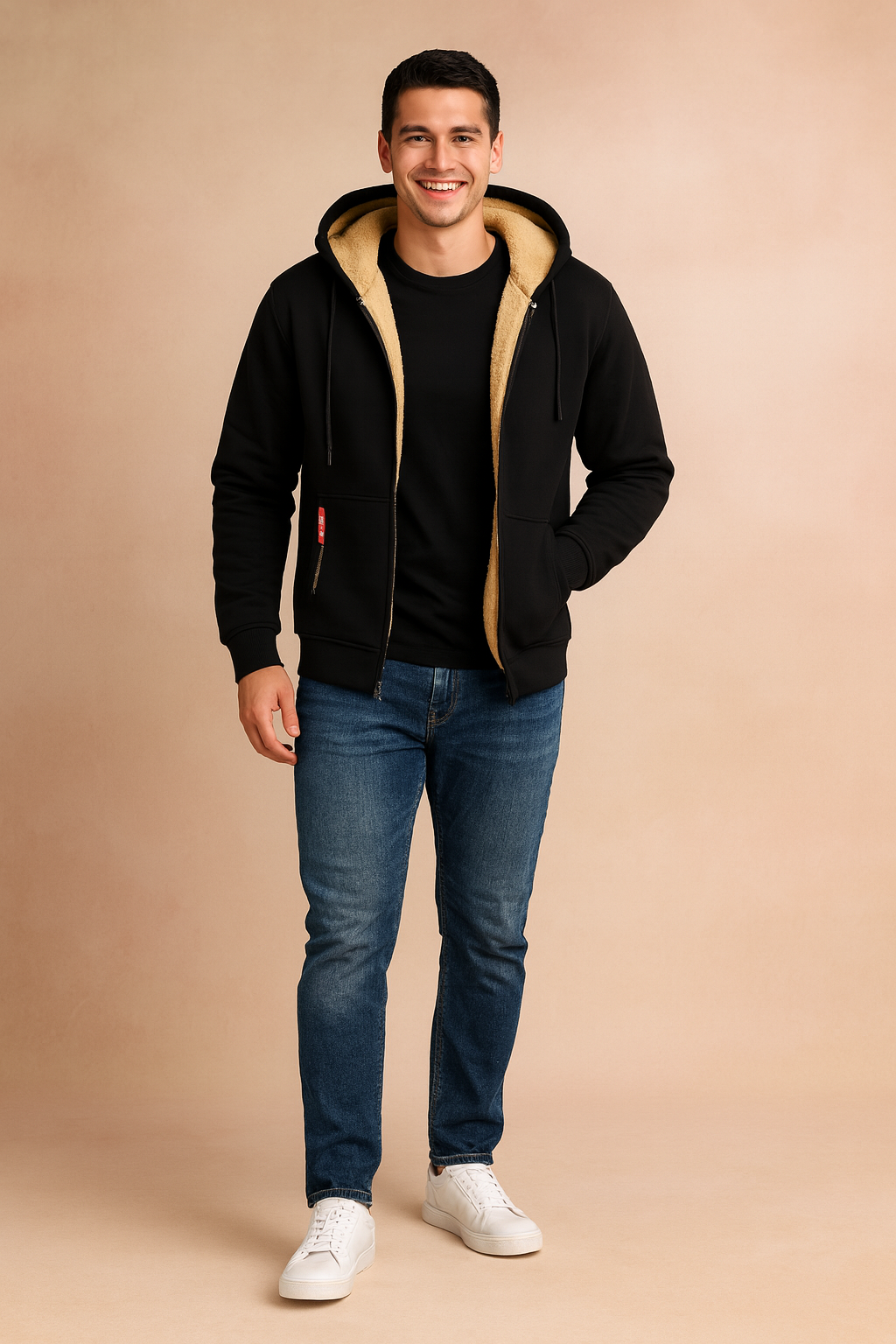 Black fleece-lined hooded jacket with beige sherpa interior, zip closure, front pockets with zip detailing, and ribbed cuffs for a snug fit.