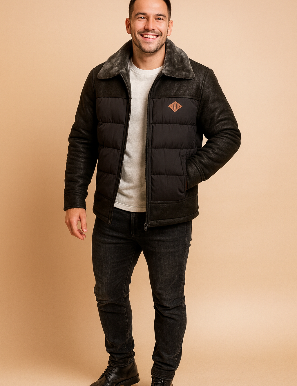 Black puffer and sherpa jacket with faux fur collar, front zipper, and quilted details, paired with casual dark jeans and leather boots.