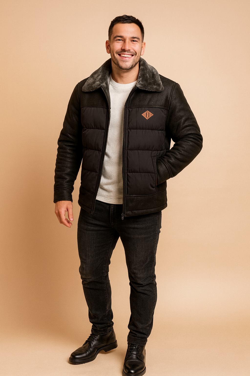 Black puffer and sherpa jacket with faux fur collar, front zipper, and quilted details, paired with casual dark jeans and leather boots.