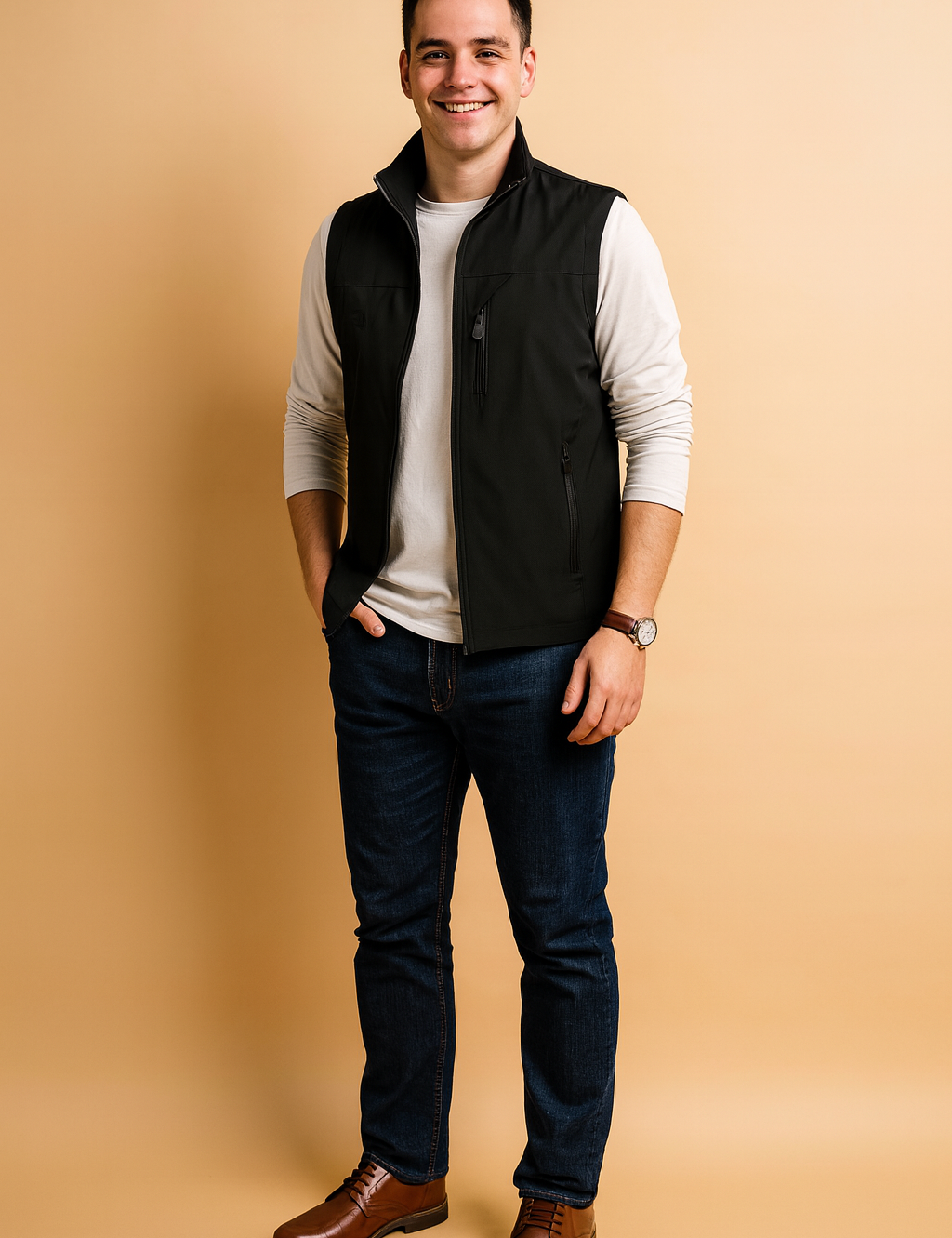 Black sleeveless men's vest with zip closure, multiple pockets, and a sleek casual design, paired with a white long-sleeve shirt and dark jeans for a modern everyday look.