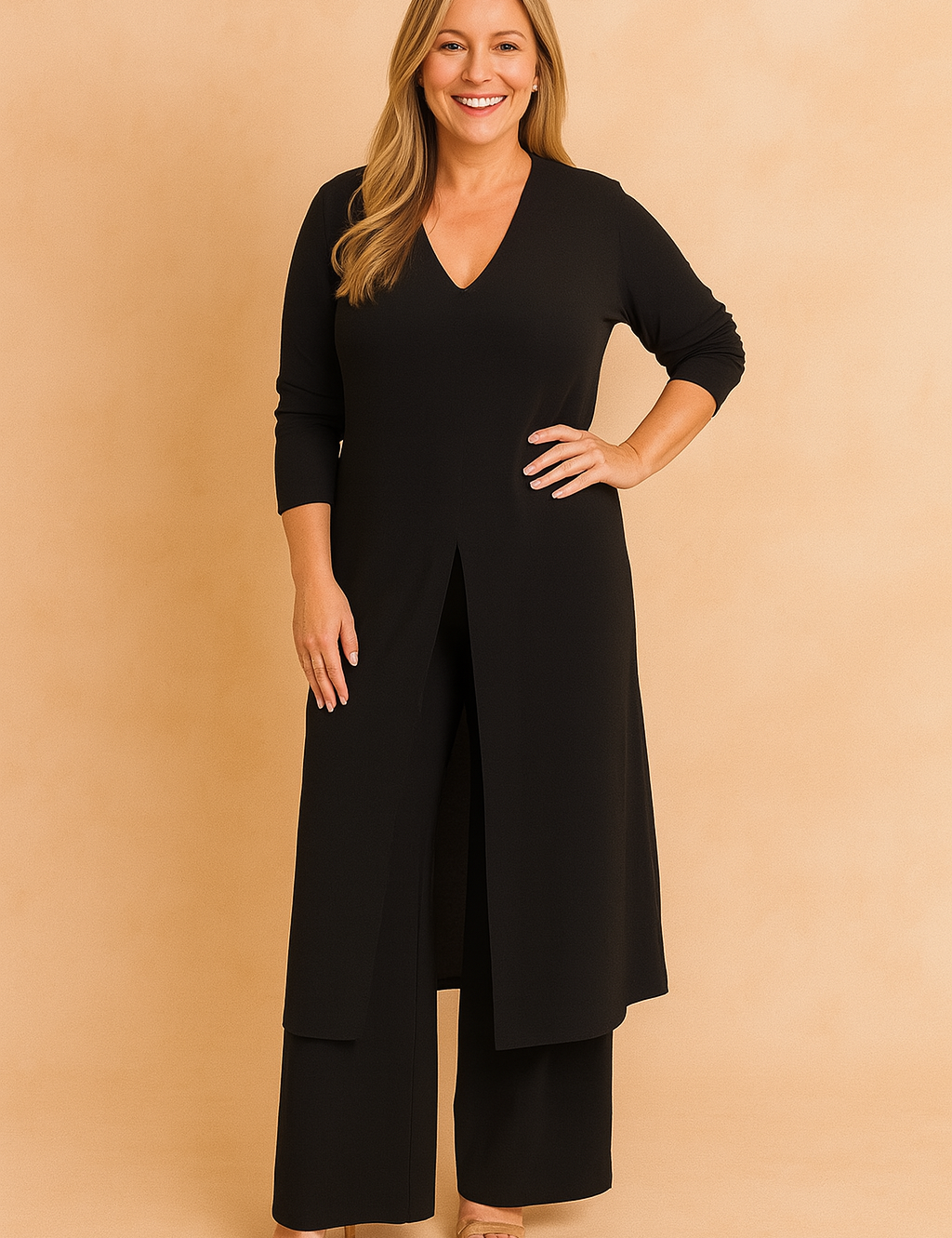 Elegant black coord set featuring a V-neck long tunic with a center slit, styled over matching wide-leg trousers in smooth, structured fabric.